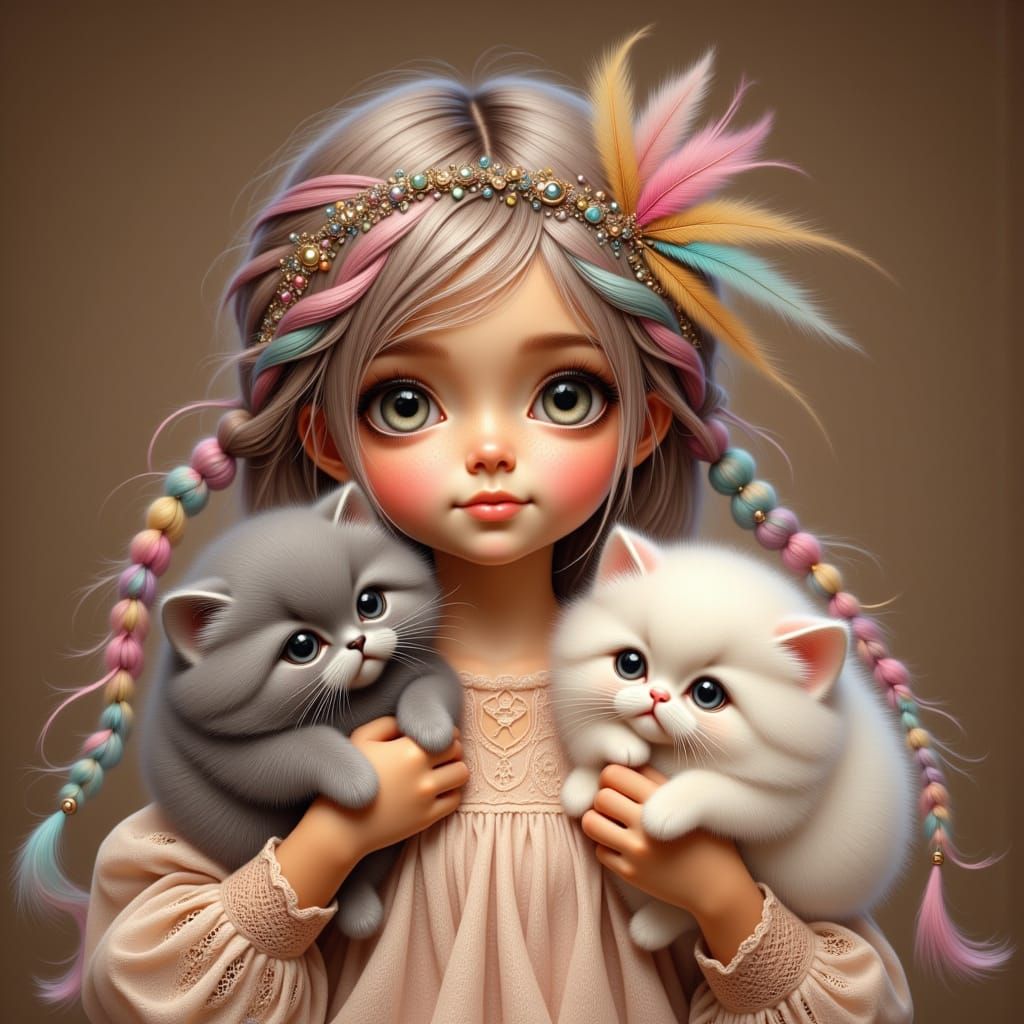 Girl with Kittens in Whimsical Style
