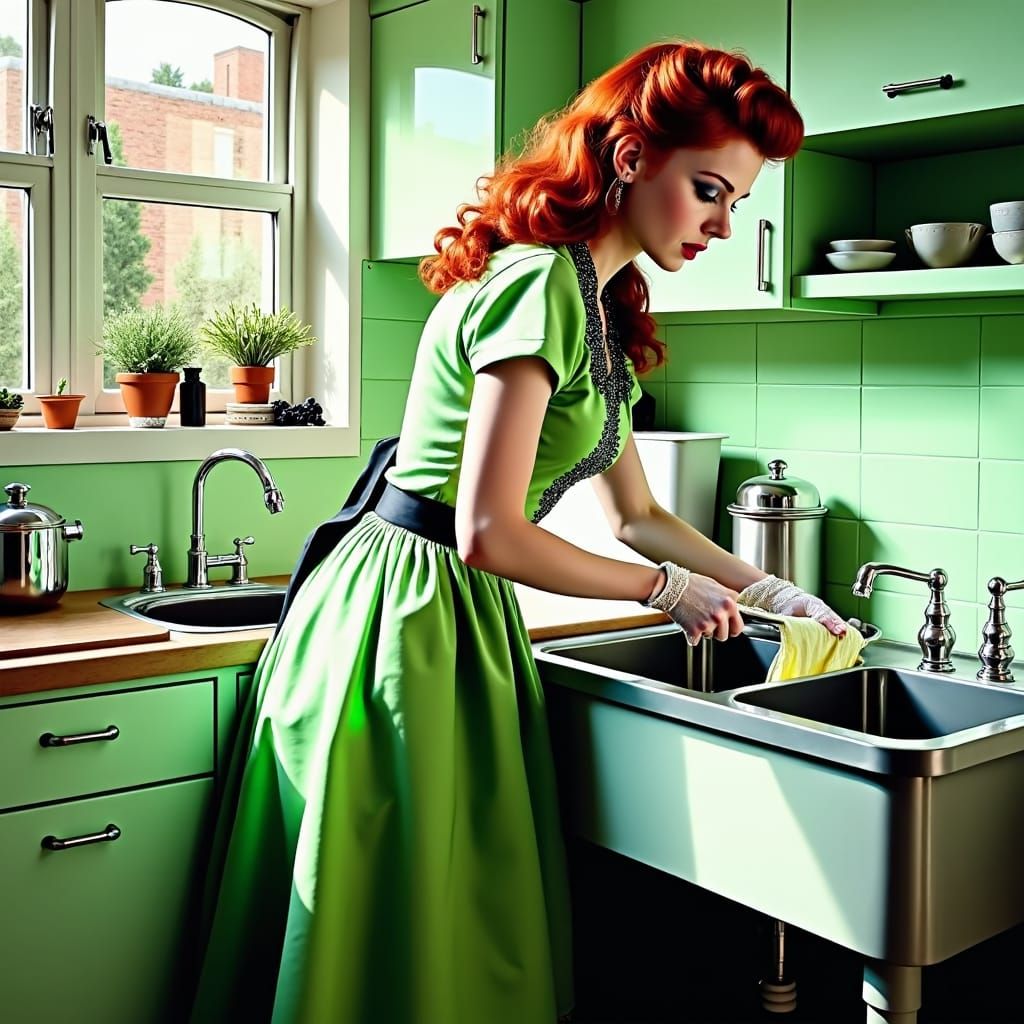 Redhead at Retro Sink in Romantic Realism Style