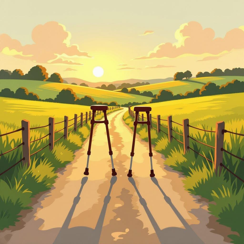 Anthropomorphic Crutches on a Country Walk at Golden Hour