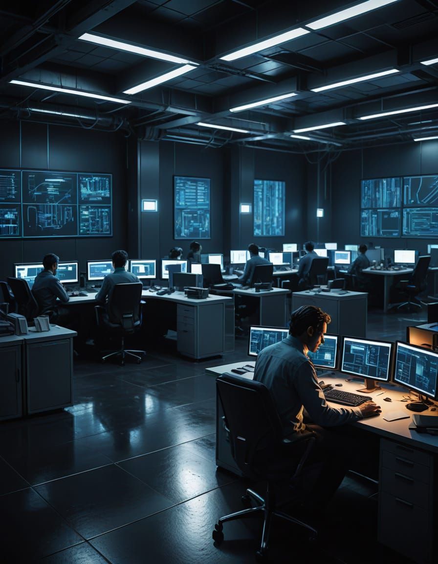 Desperate Cubicle Worker Amidst Futuristic Office Hellscape