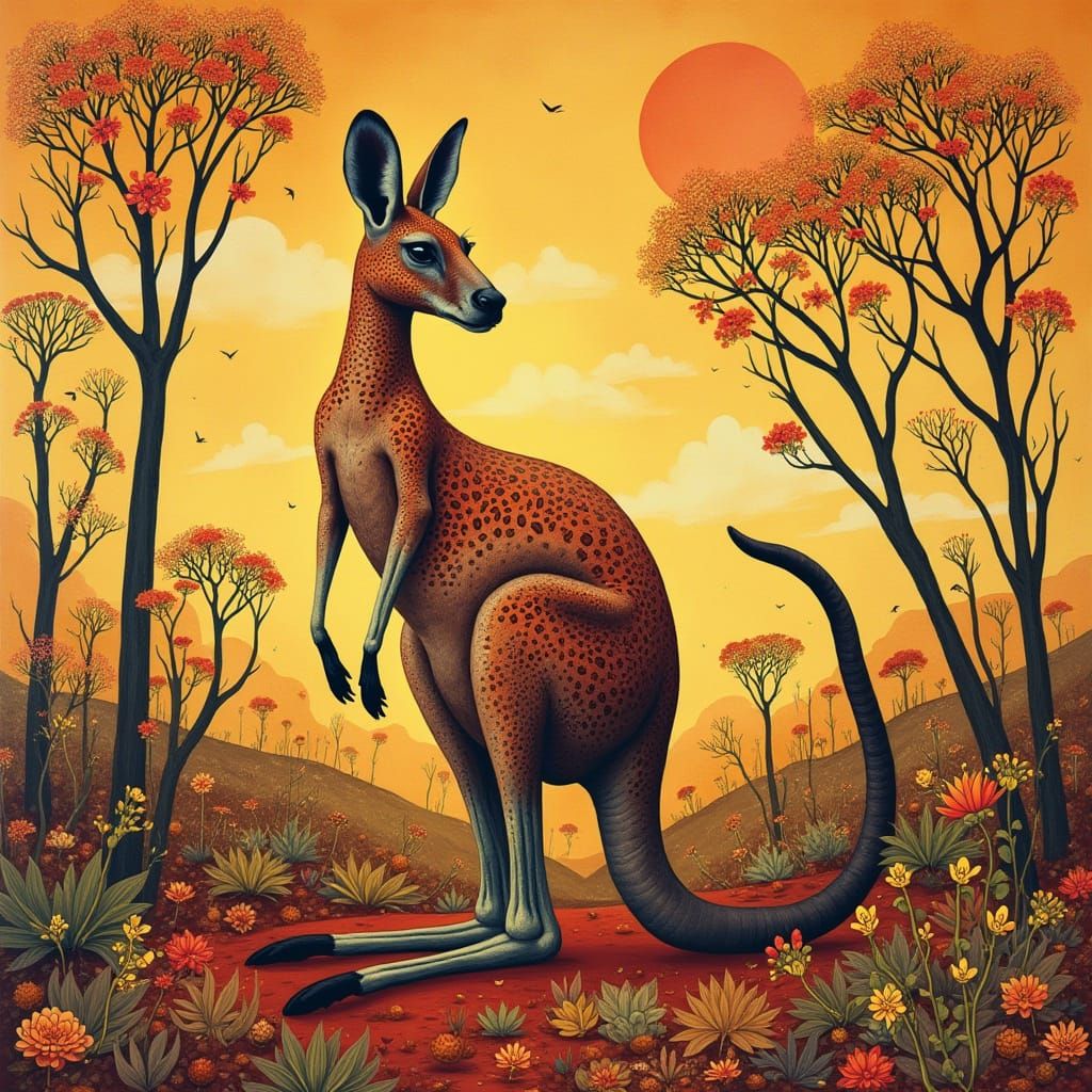 Art Nouveau Kangaroo in Australian Desert Landscape