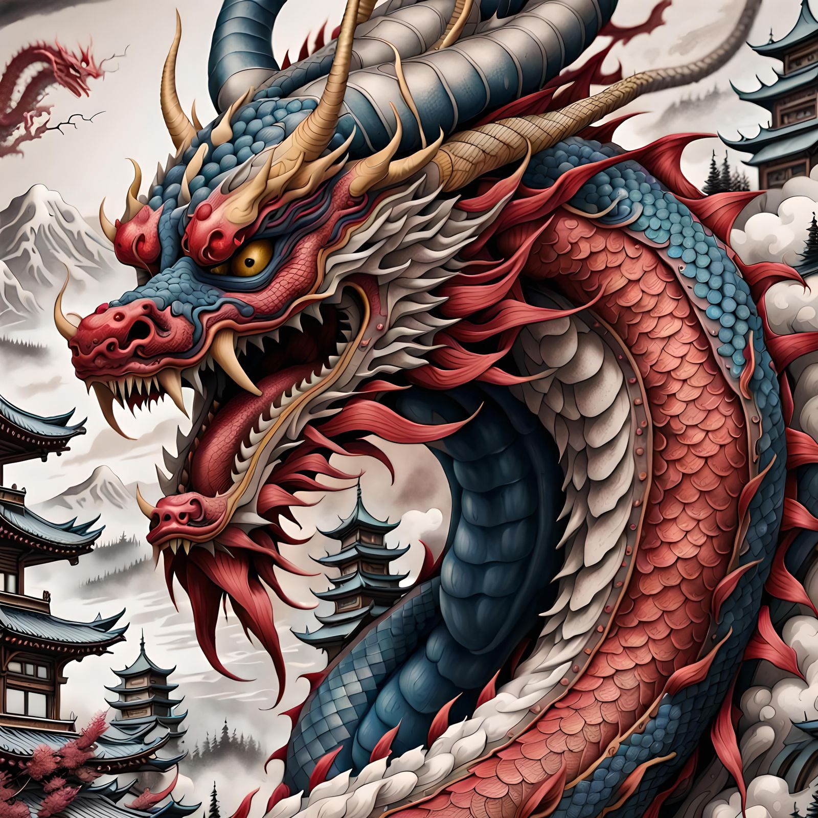 Japanese Dragon Tattoo Drawing in Artgerm Style