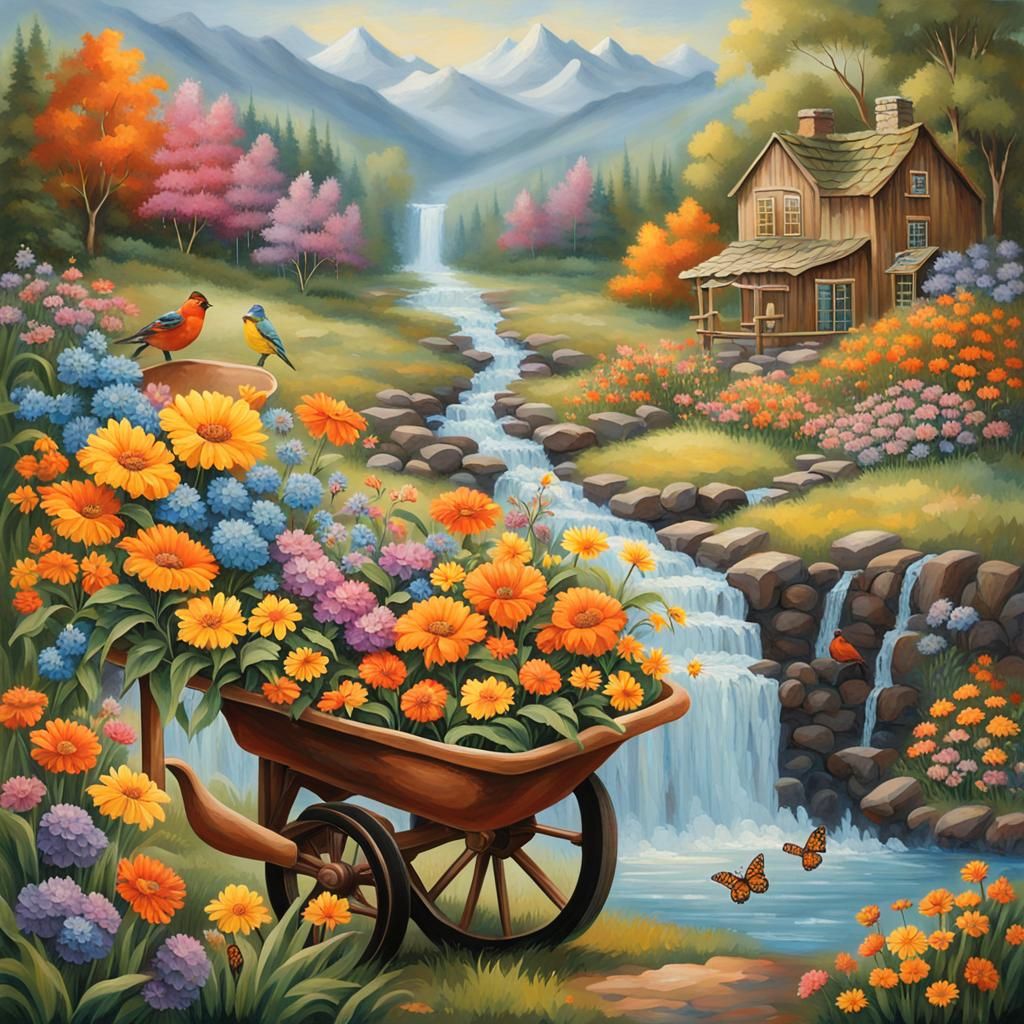 Lush Spring Landscape with Vintage Wheelbarrow