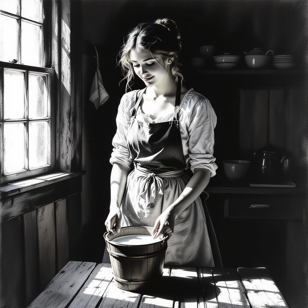 Charcoal Drawing of a Milkmaid in Rustic Kitchen