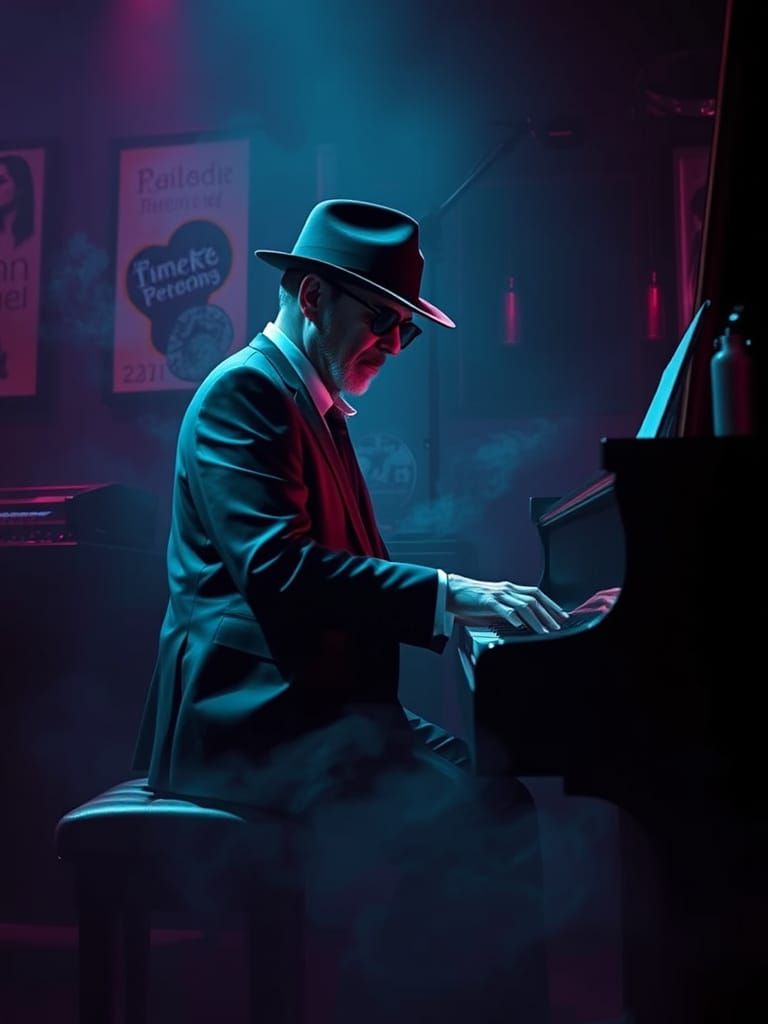 Noir Jazz Pianist in Futuristic Style