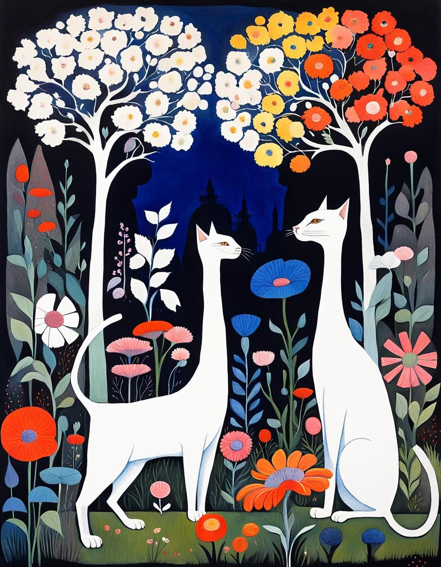 Surreal White Cats in Floral Park: Gouache Painting