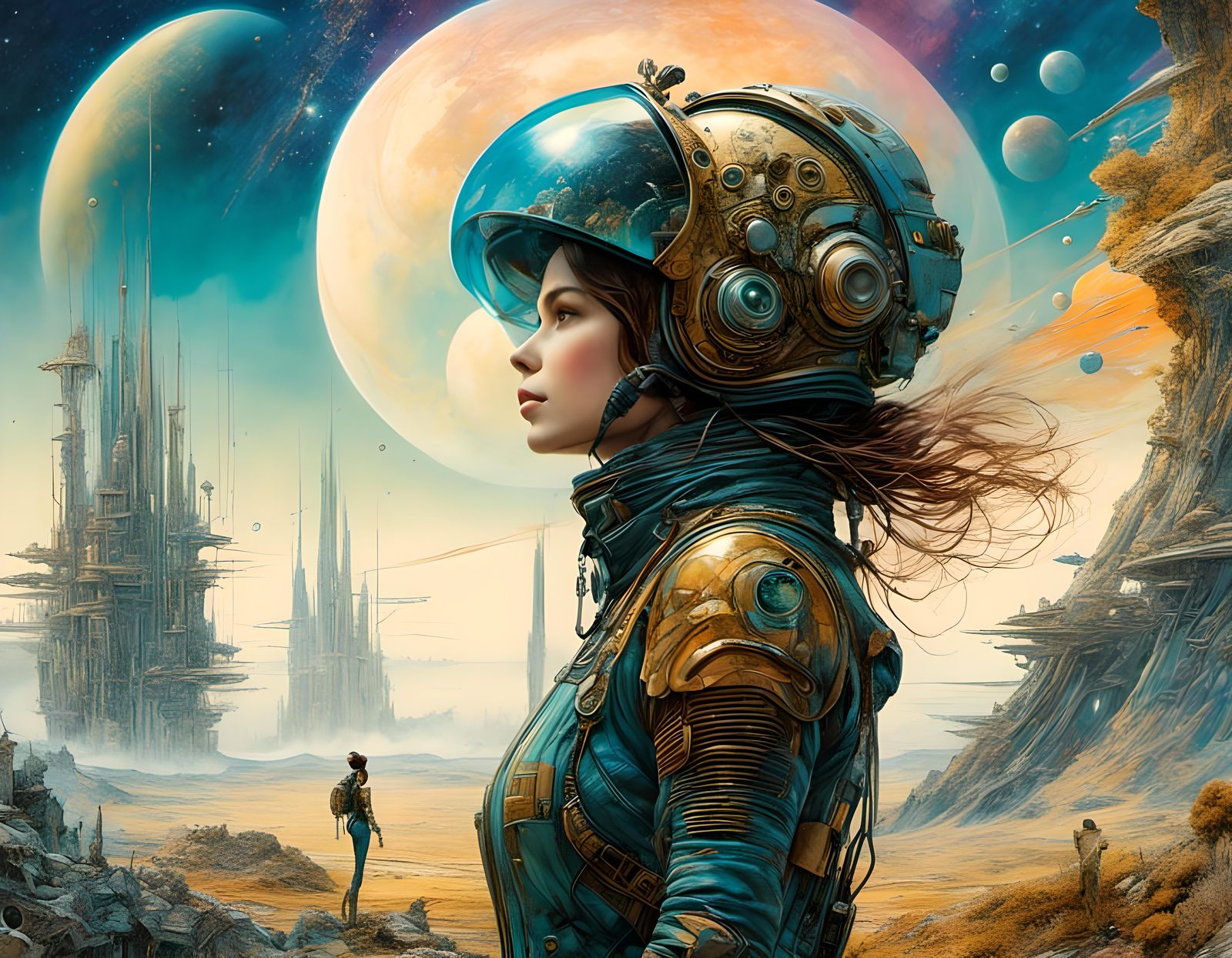 Space Explorer on Alien Planet in Cyberpunk Watercolor