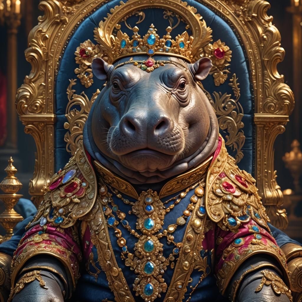 Hippo as Jeweled 1700s Royalty in Baroque Art