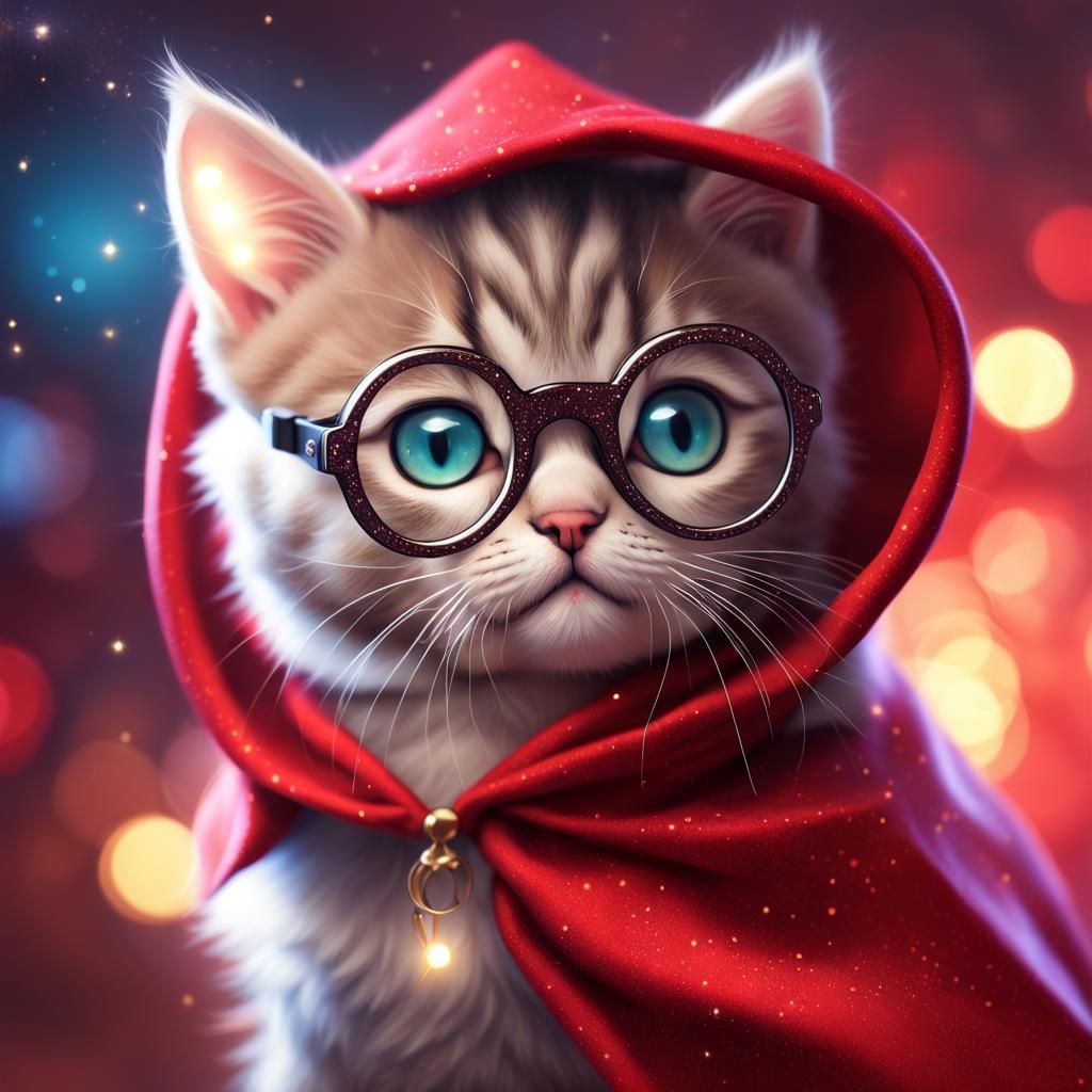 Kitten Wizard with Red Cloak and Glasses