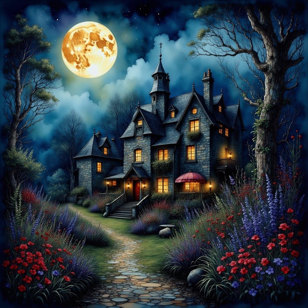 Medieval Mansion Garden with Two Moons