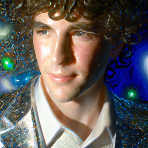 The 35 year old man with brown curly hair. Wearing a shiny s...