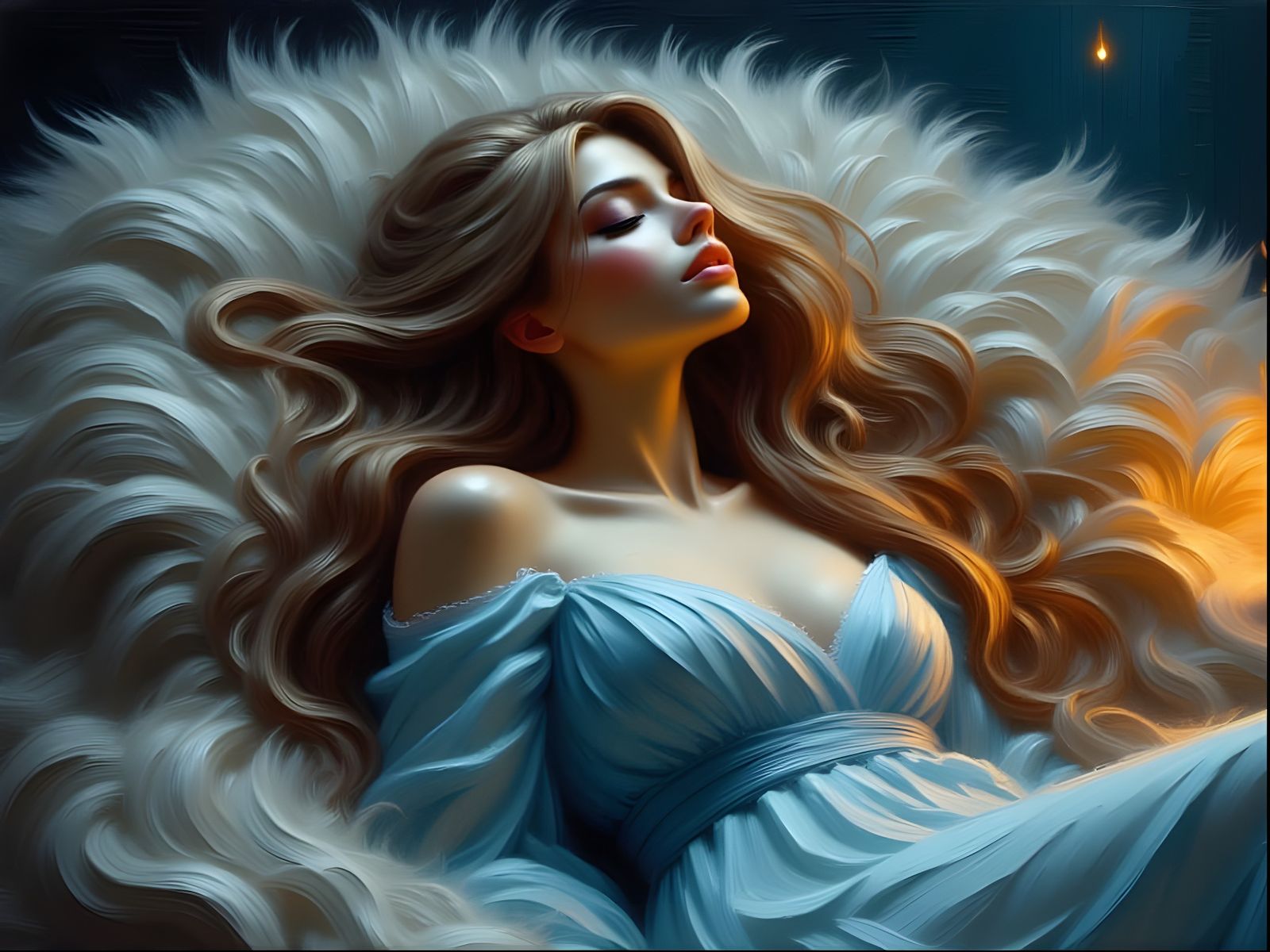 Norse Goddess Reclining in Gentle Torchlight, Oil Paint Styl...