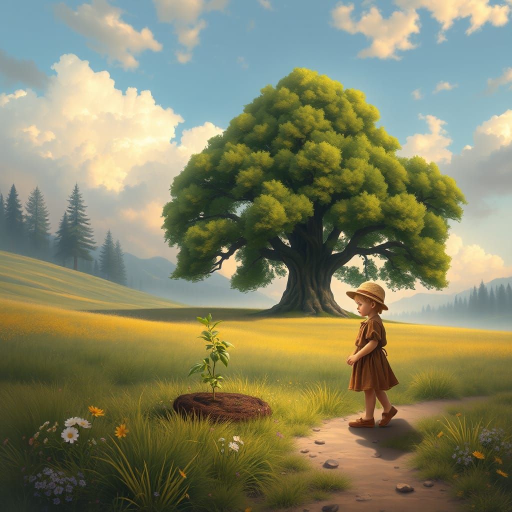 Child Planting Seedling: Oil Painting with Golden Light