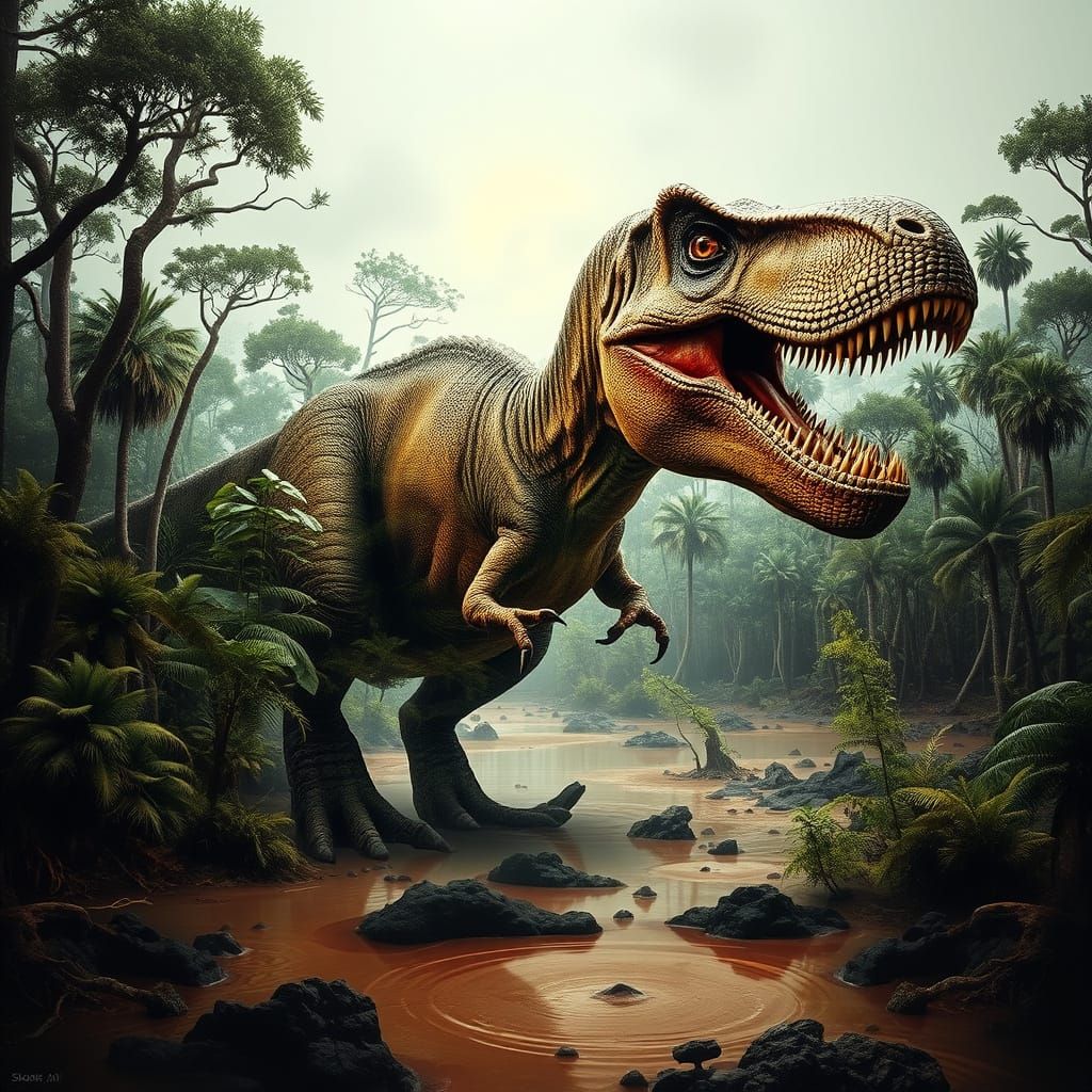 Tyrannosaurus Rex Double Exposure in Prehistoric Swamp