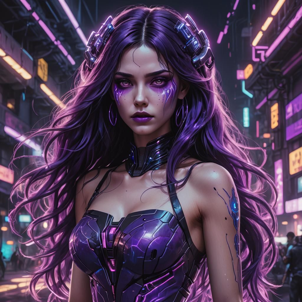 Bioluminescent Purple Goddess in Cyberpunk Style