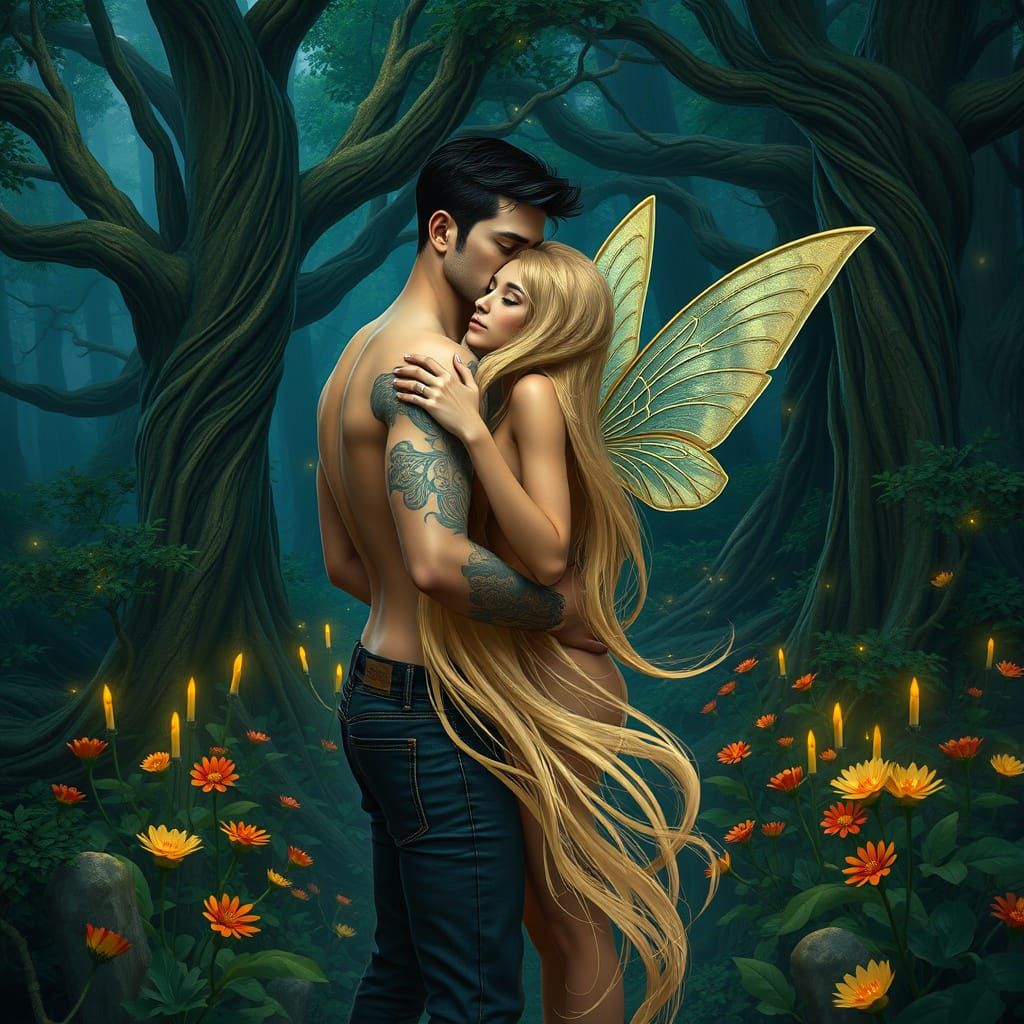Tender Embrace in a Whimsical Forest Scene