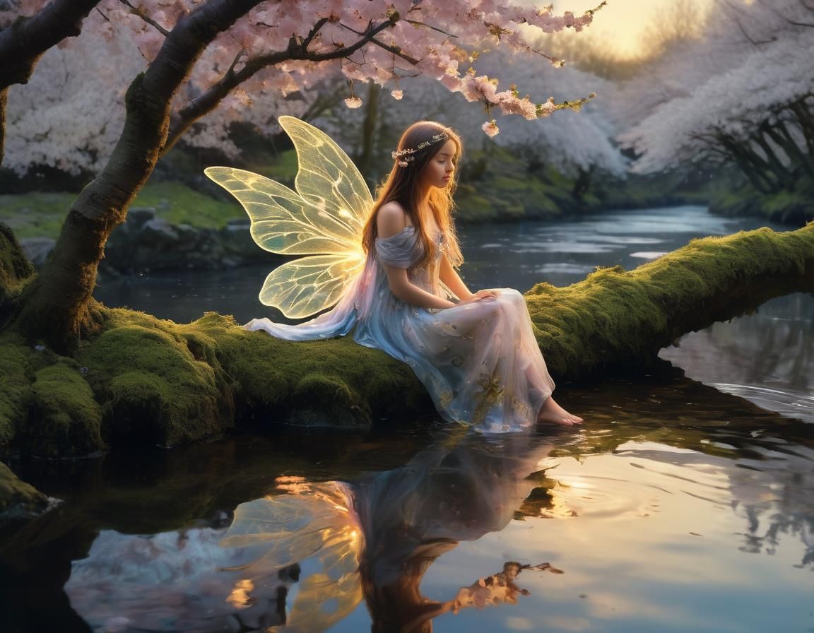 Fairy on Cherry Blossom Branch with Glowing Wings