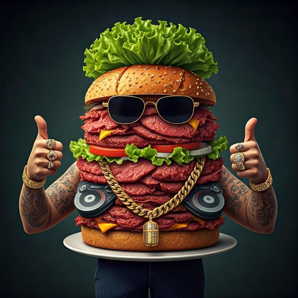 Swagging Anthropomorphic Corned Beef Sandwich with Gold Chai...