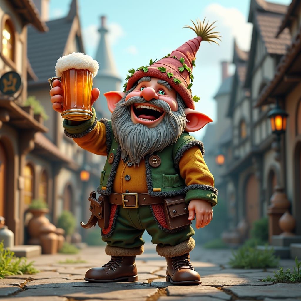 Gnome Cheers in a Fantastical Cityscape