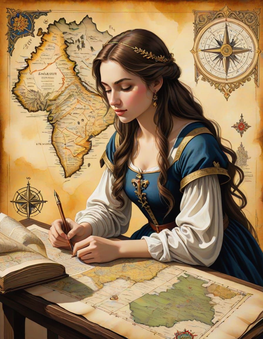 Medieval Map Illustration: Teenage Girl in Golden Light