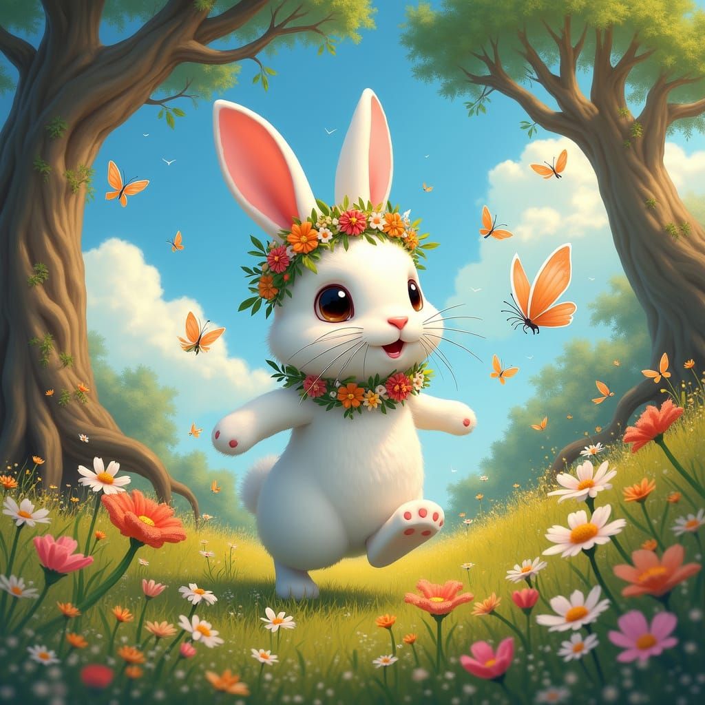 Ethereal White Bunny in Dreamlike Forest Landscape