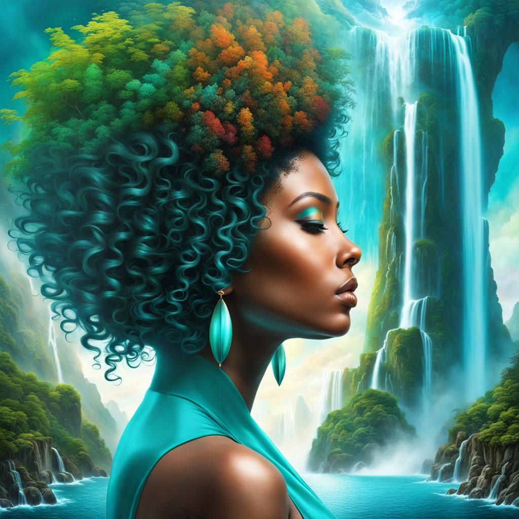Teal Afro Woman with Waterfall Brain: Psychedelic Art
