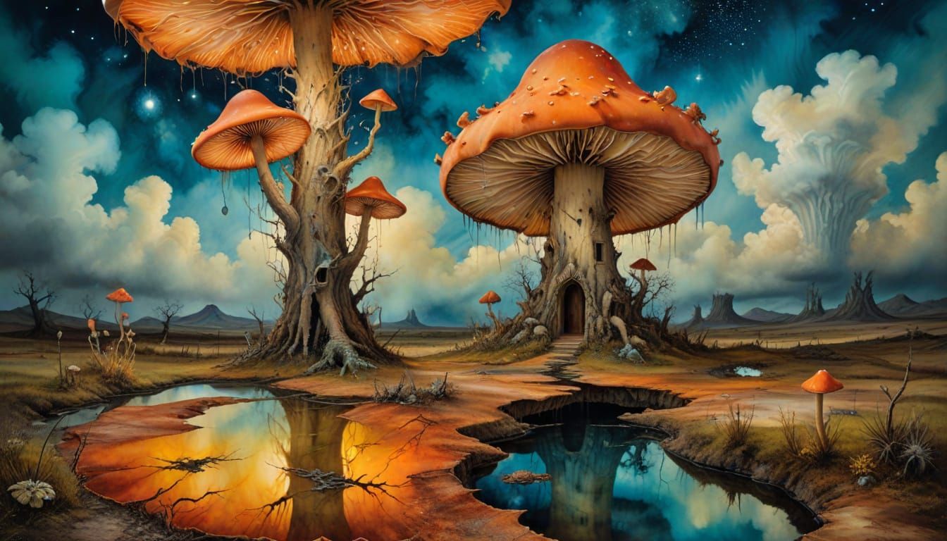 Luminous Mushrooms in Alcohol Ink Dreamscape