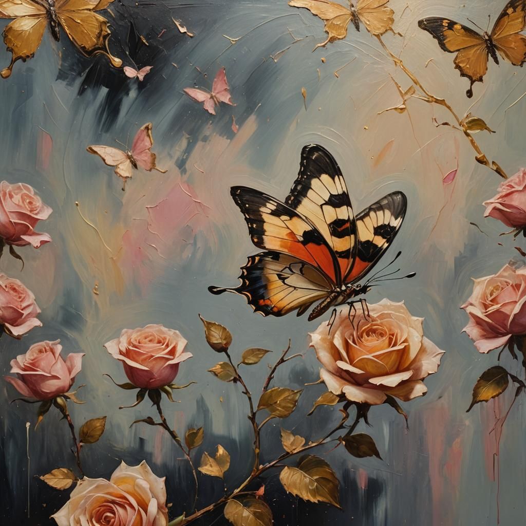 Butterfly and Rose in Surrealist Expressionist Oil Painting