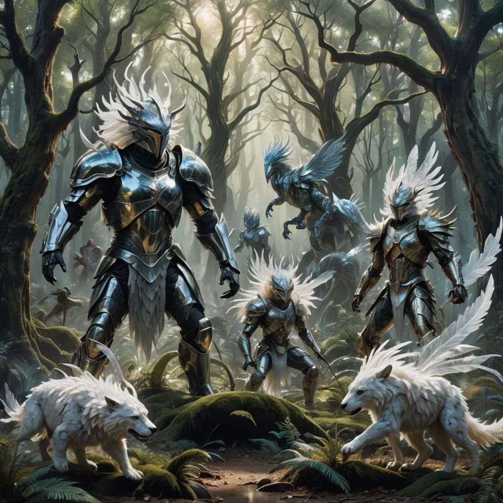 Surreal Battle in Crystalline Forest, 3D Rendered