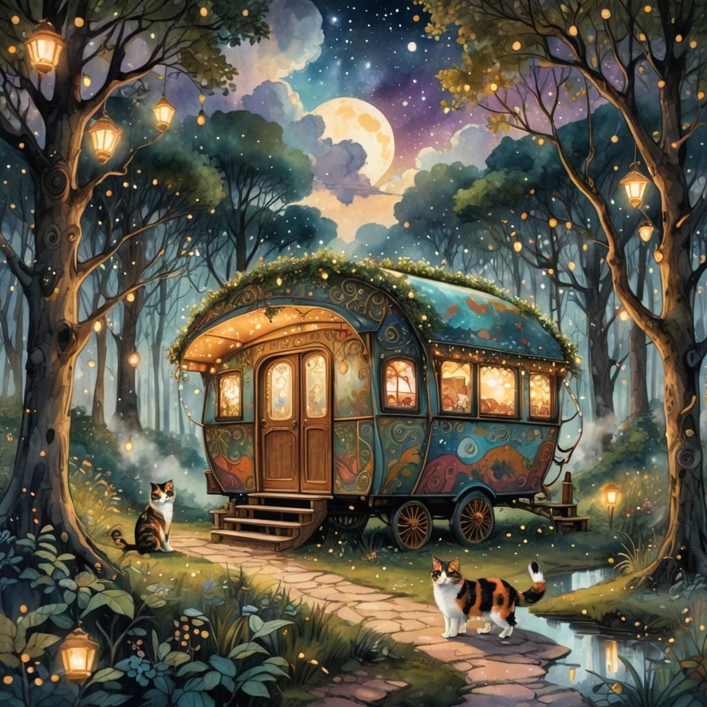 Magical Caravan in Forest, Ink Sketch in Klimt Style