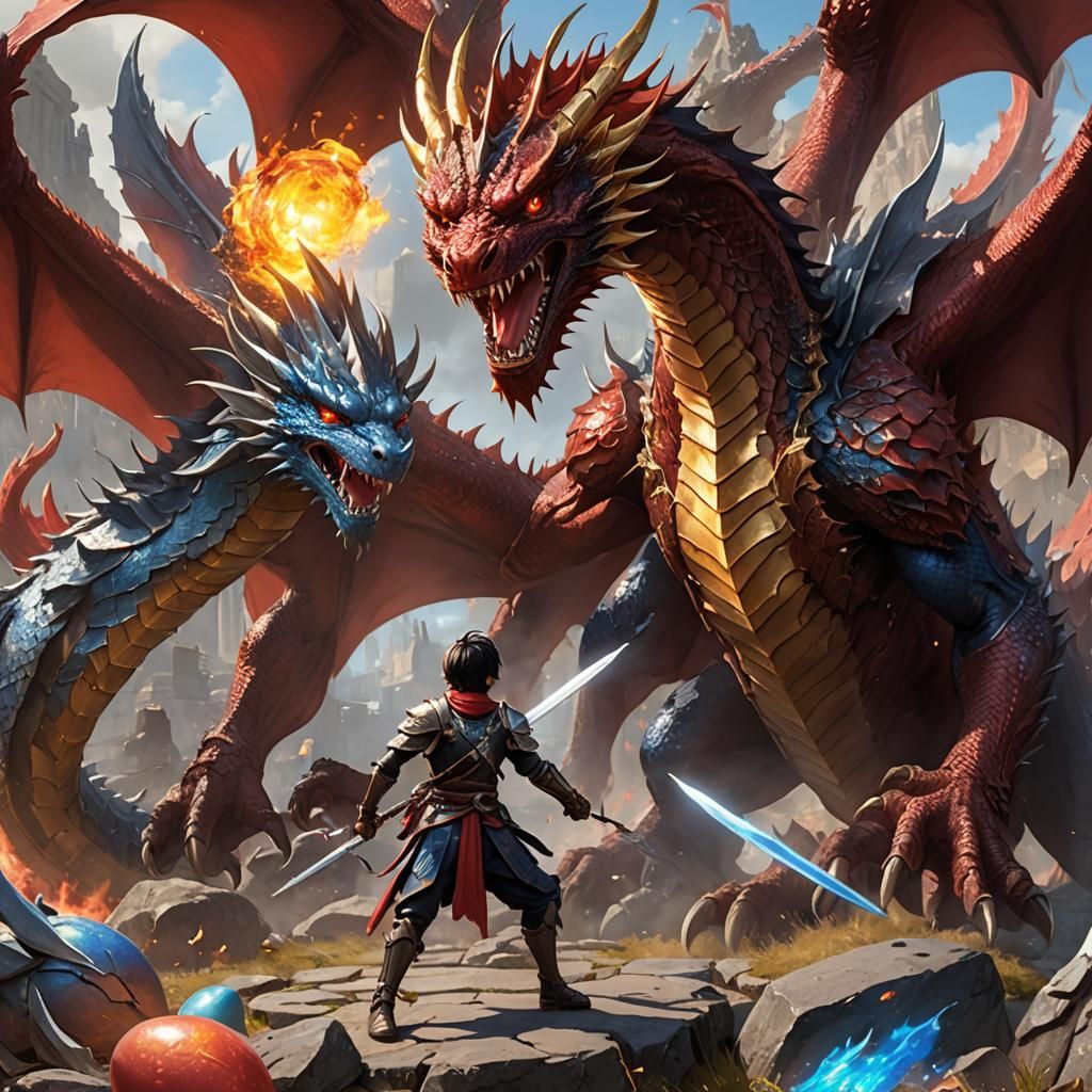 Anime Boy Battles Three-Headed Dragon in 3D
