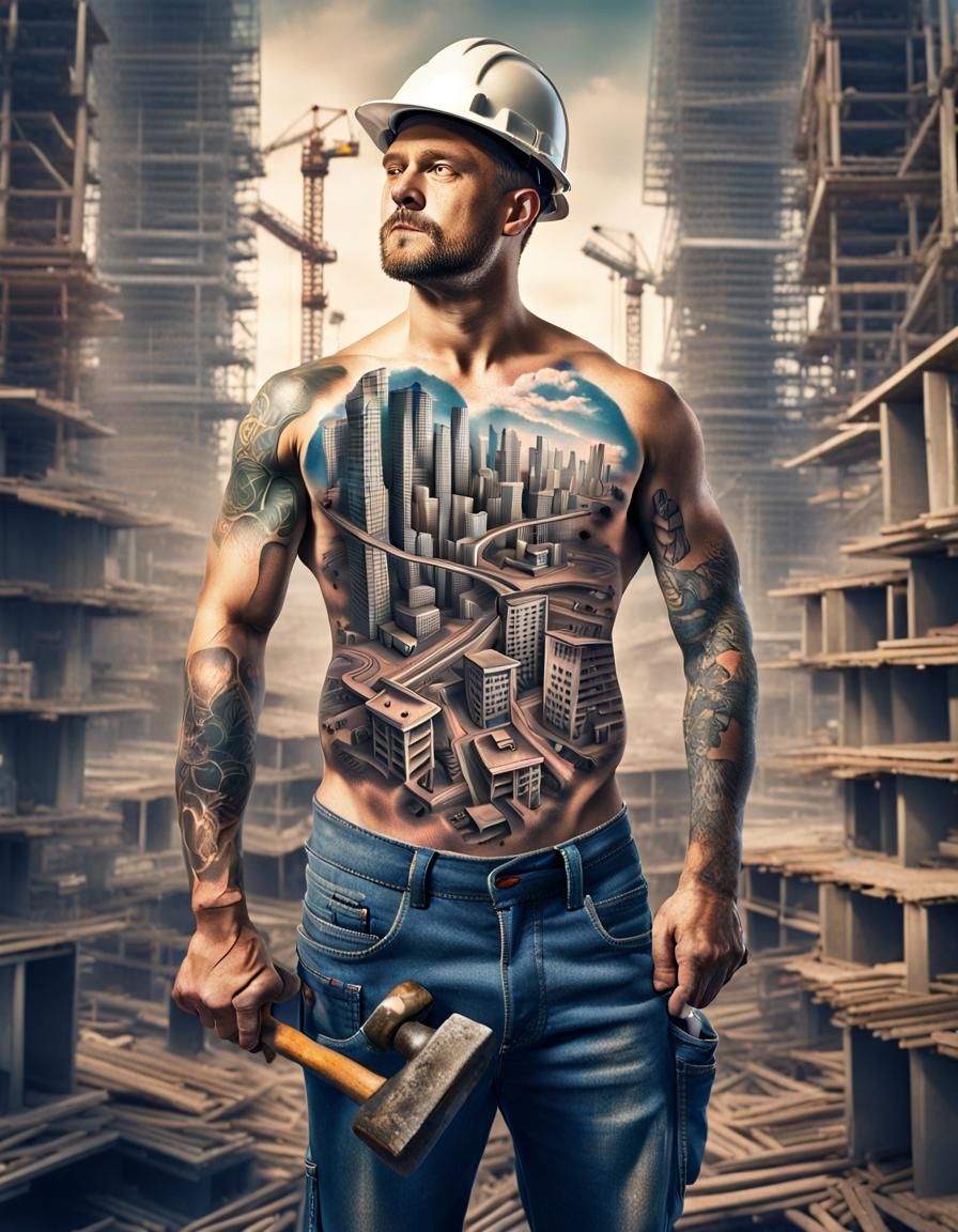 Surreal Tattoo: Tiny Humans Building Heart Engine