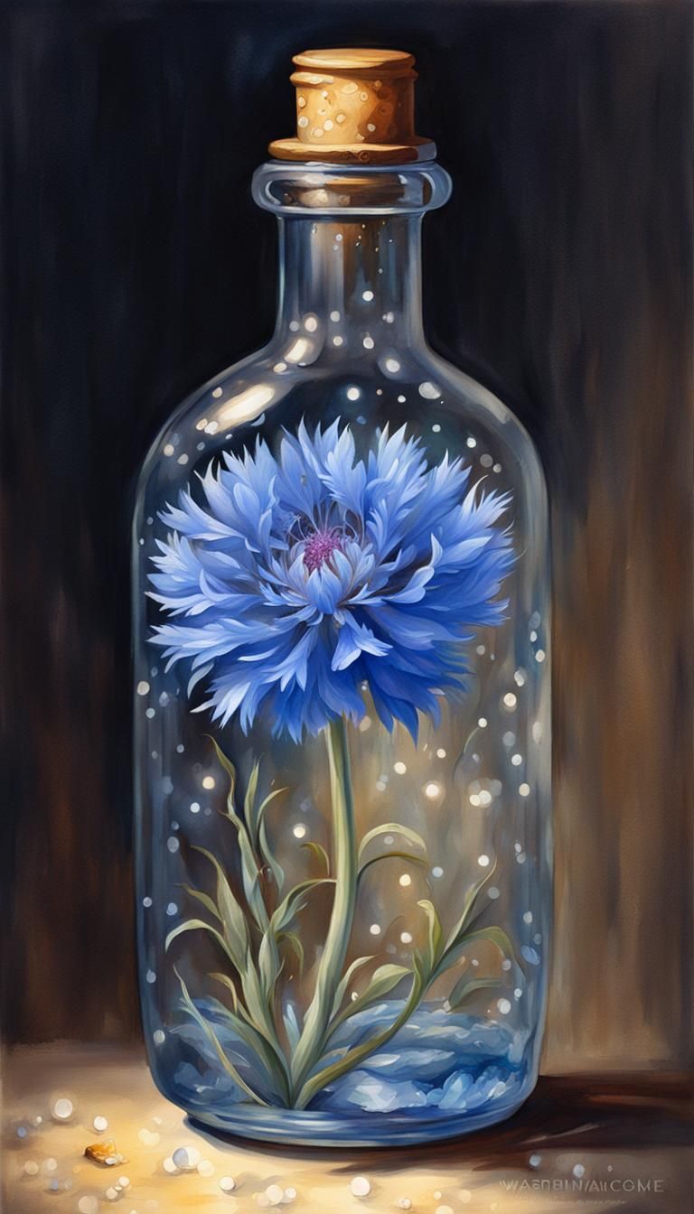 Cornflower in Bottle at Night as Oil Painting