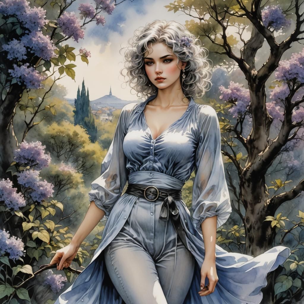 Woman with Lilacs: Art Nouveau Watercolor Portrait