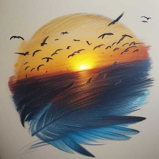 Pencil Sketch of Birds Silhouetted Against Vibrant Sunset