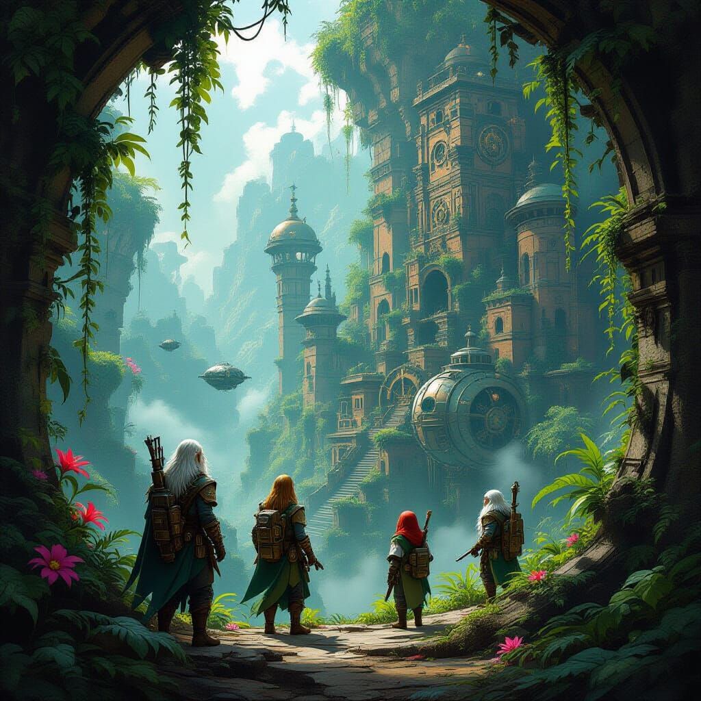 Steampunk Explorers in Jungle Ruins, McQuarrie and Mead Styl...