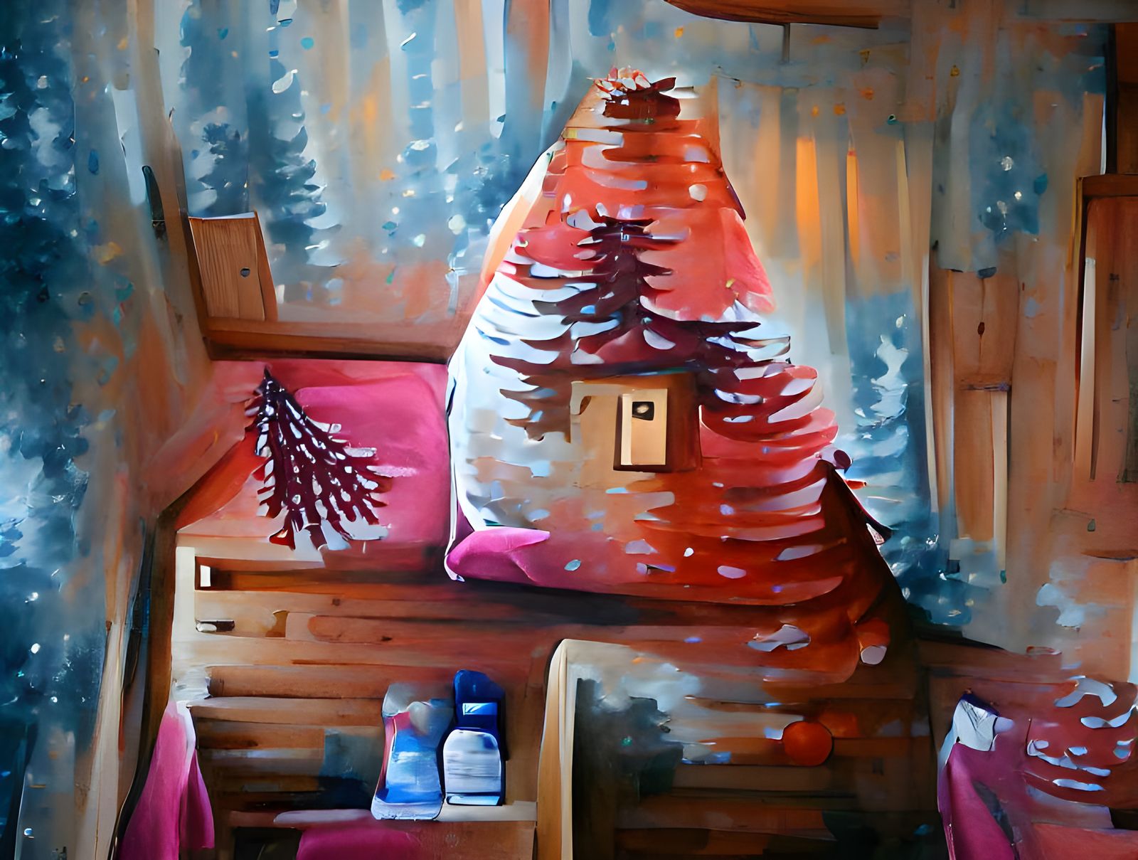 Cosy Christmas Cabin in Acrylic Painting Style