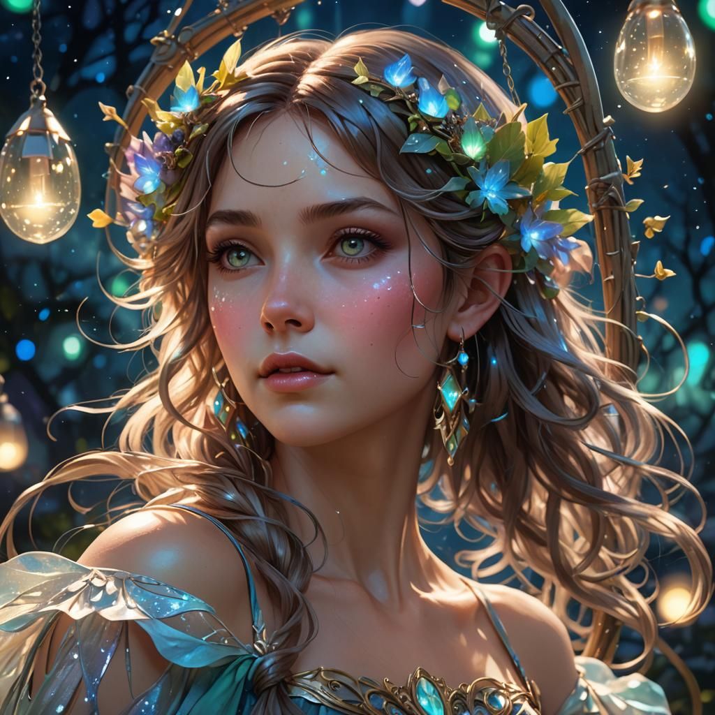 Fairy on Moonlight Swing with Northern Lights