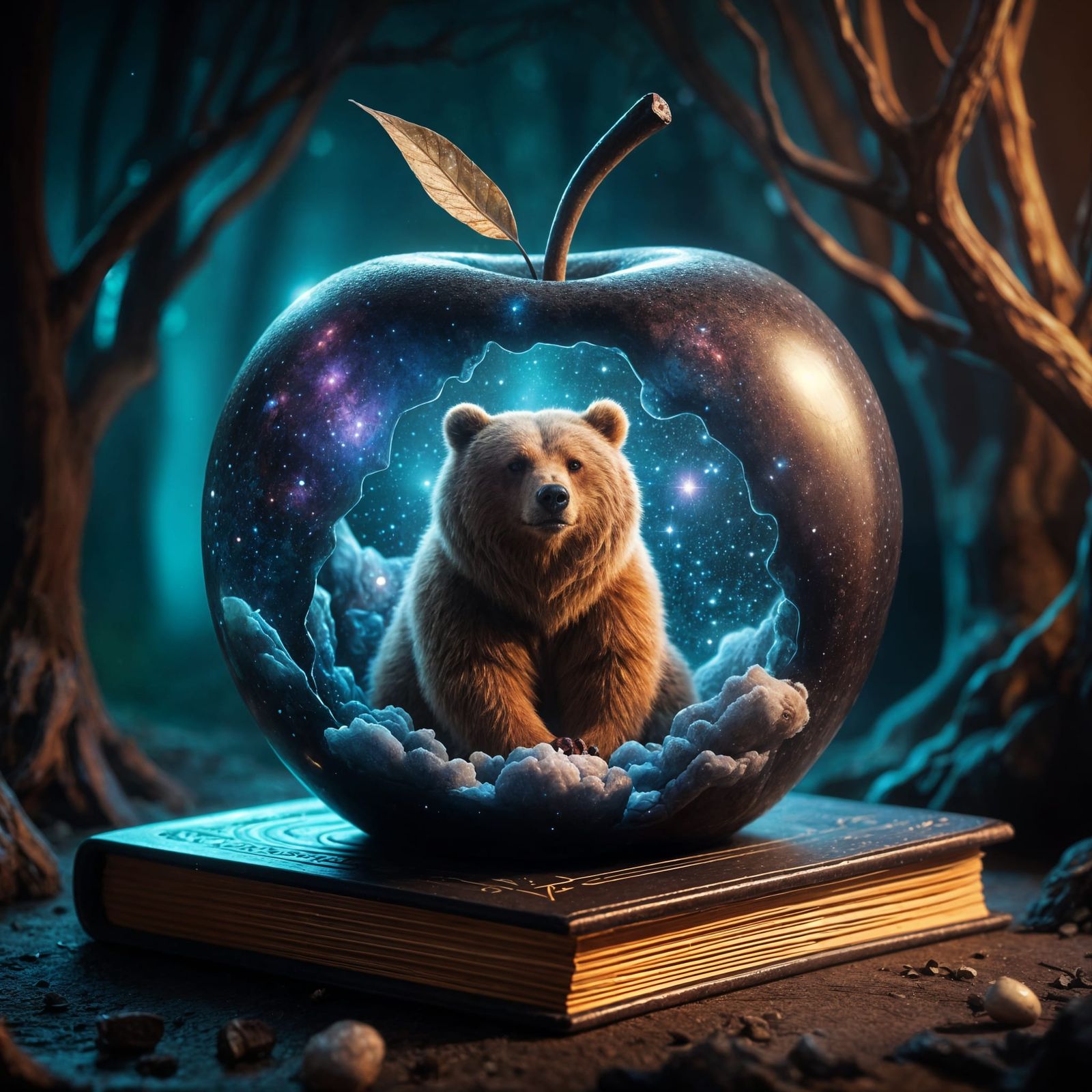 Cosmic Glass Apple in Dark Mystical Forest