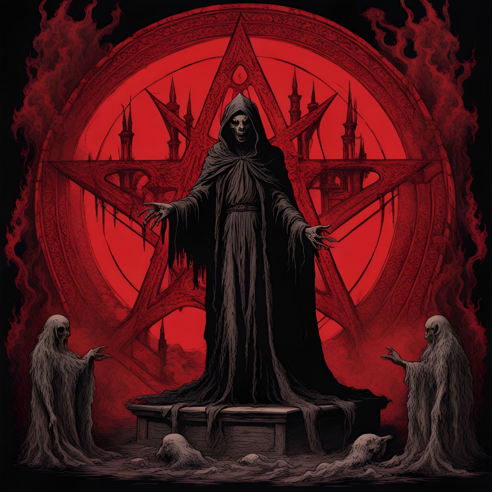 Demon in Purgatory with Satanic Altar, Creepy Illustration