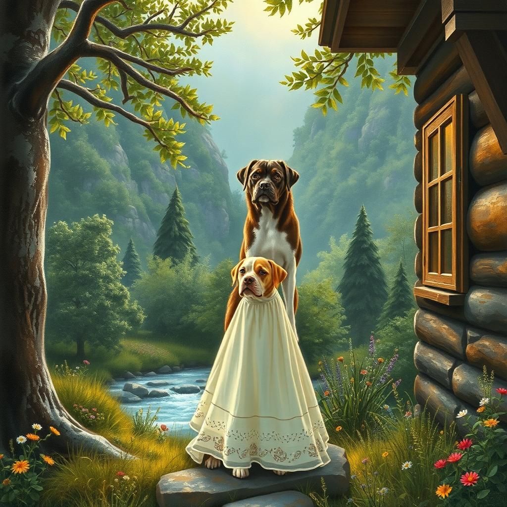 Boston Terriers in Whimsical Watercolor Landscape