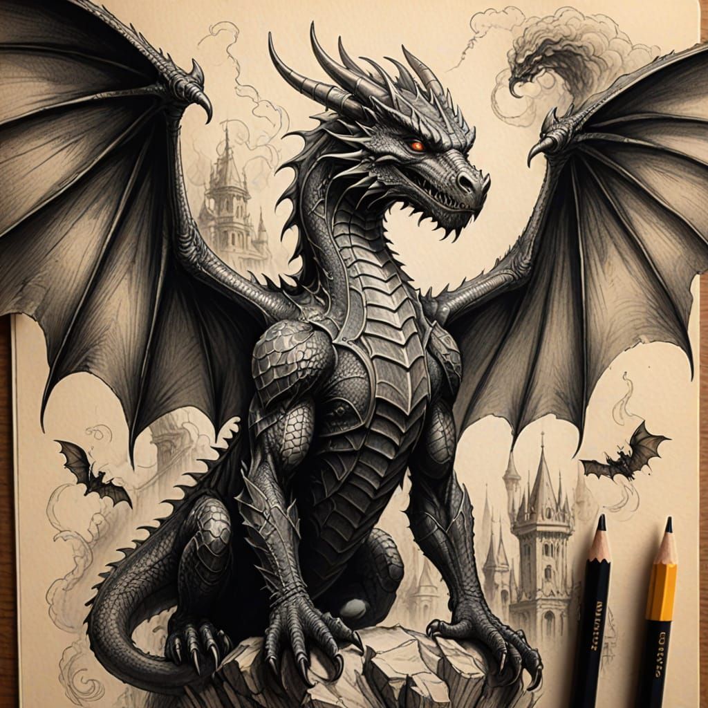 Dragon on Pencil Tip Sketch Vintage Style
