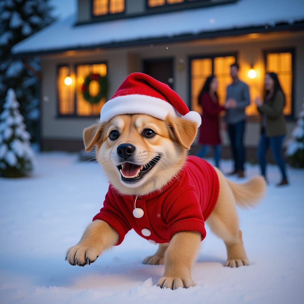 Joyful Dog in Snowy Garden with Christmas Hat