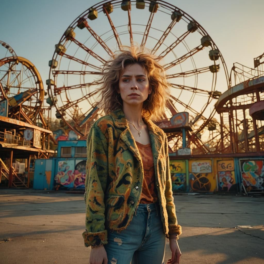 Surreal Woman in Abandoned Amusement Park at Sunset