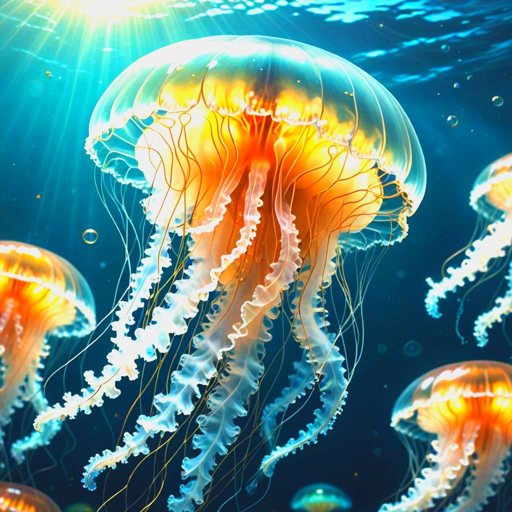 Glowing White Jellyfish Shining in Ocean Sunlight
