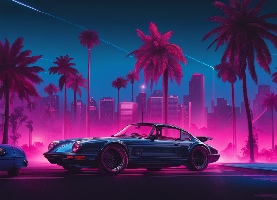 80s Porsche 911 sports car, Miami Sunset