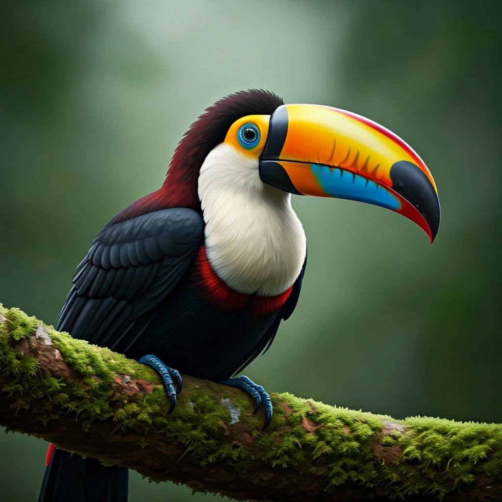 Toucan Portrait in Misty Rainforest: Detailed Oil Painting