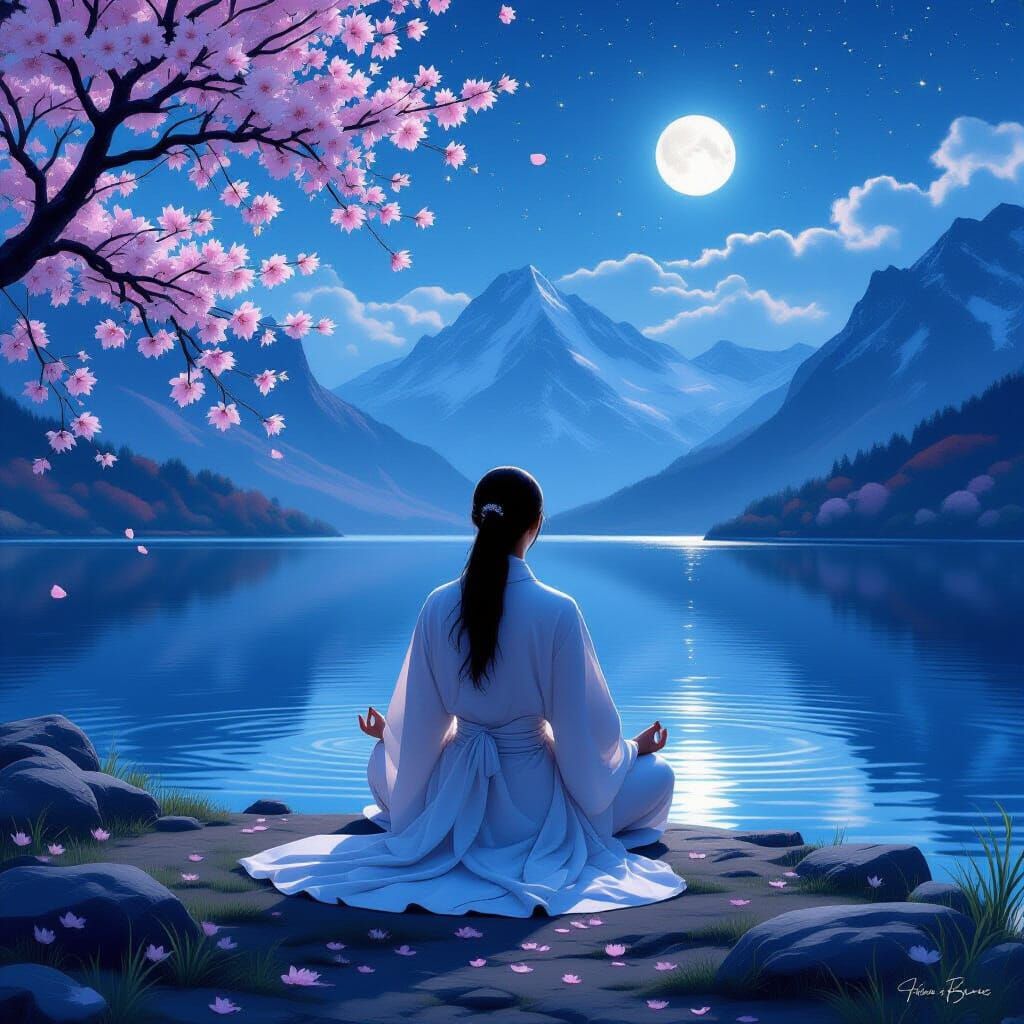Meditating by Starry Lake in Dreamy Landscape
