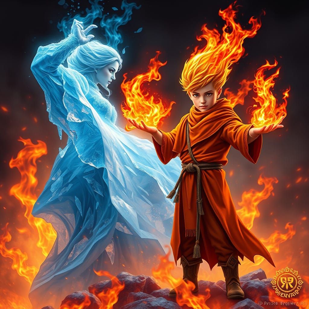 Fire and Ice Clash in Vibrant, High-Contrast Fantasy Scene