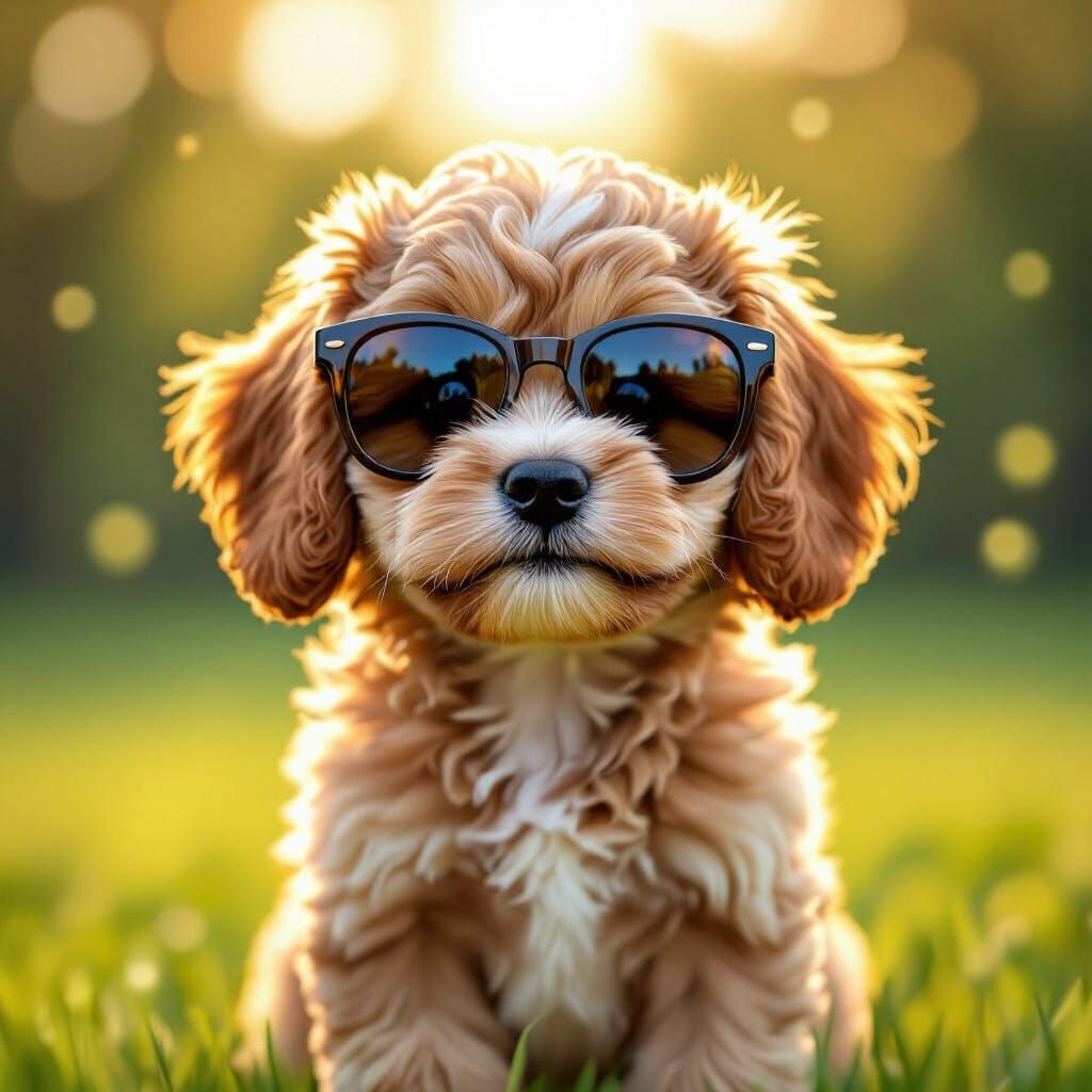 Cavapoo Puppy with Sunglasses in Sunny Park